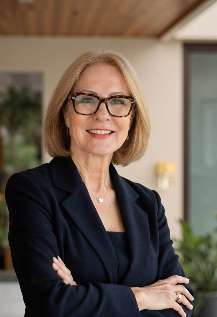 Eva Gregory in a navy suit