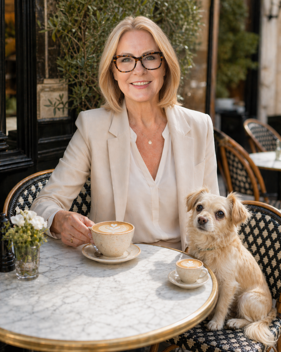 Eva Gregory and her dog at a café