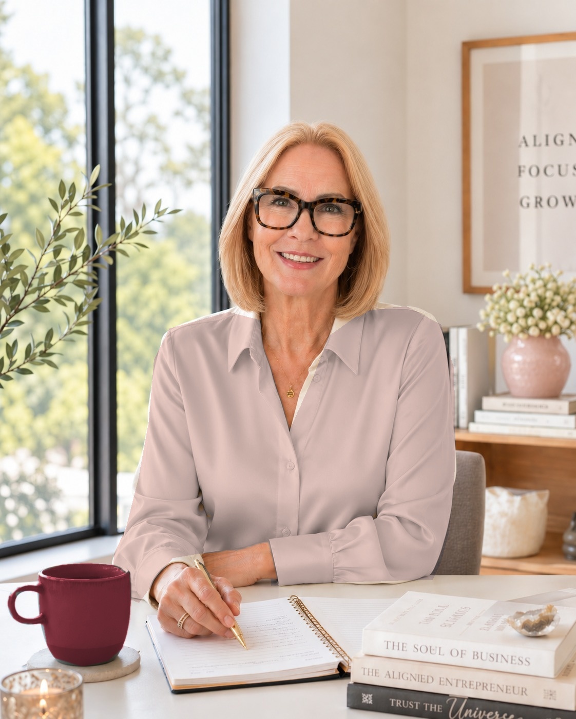 Eva Gregory at her desk with a notebook and a maroon mug